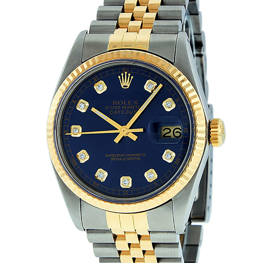Rolex Mens 2 Tone Blue Diamond 36MM Oyster Perpetual: One Mens Yellow Gold Two Tone Rolex Datejust Polished, Serviced & Electronically Tested, Yellow Gold & Stainless Steel Case: 36mm, Yellow Gold Crown, Bezel: Yellow Gold Fluted Bezel. Custom Crystal: N