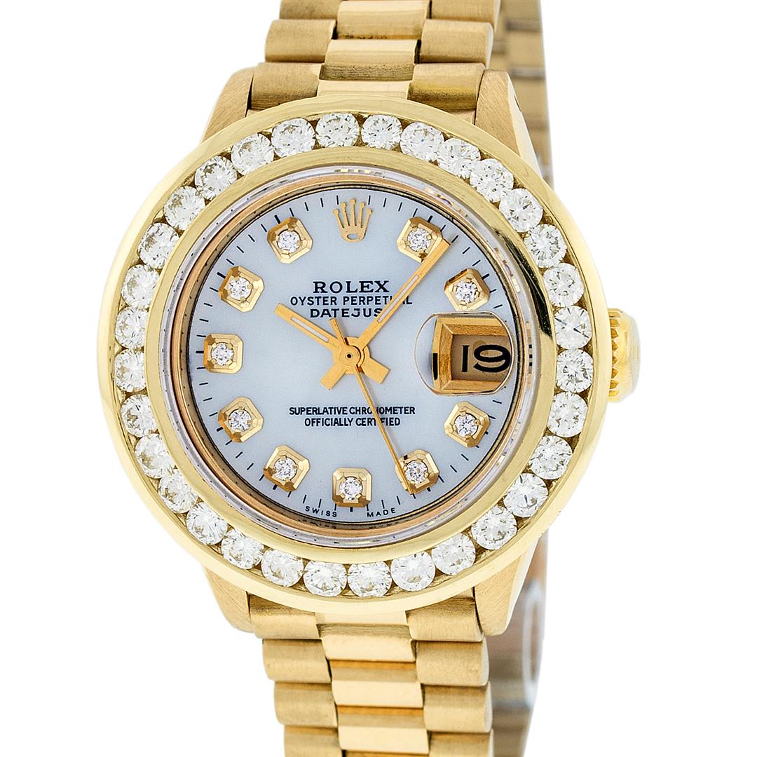 Rolex Ladies 18K Yellow Gold Presidential MOP 2.15 ctw: One Ladies 18K Yellow Gold Rolex Presidential Polished, Serviced & Electronically Tested, 18K Yellow Gold Case: 26mm, 18K Yellow Gold Crown, Custom Bezel: New 18K Yellow Gold 2CTW Channel Set Diamond