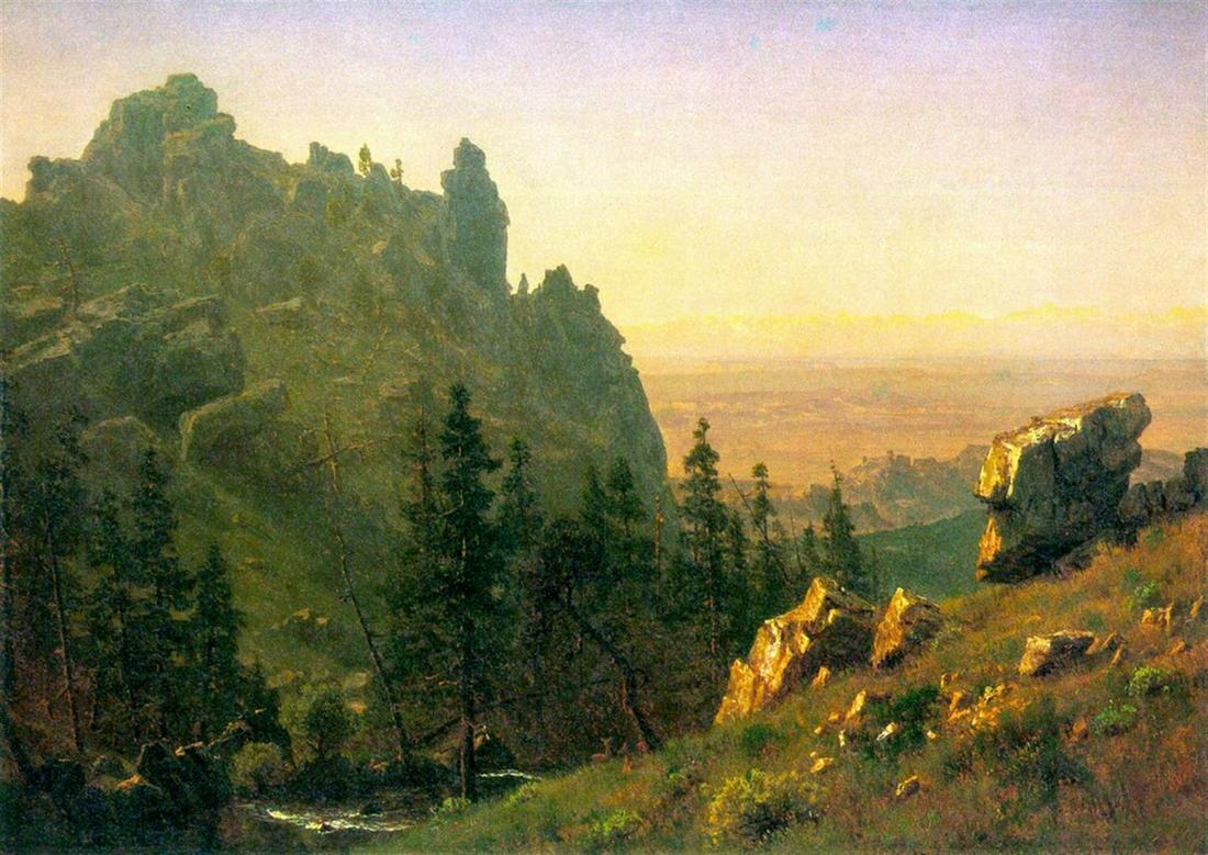 Wind River County by Albert Bierstadt: Artist: Albert Bierstadt - Title: Wind River County - Medium: Fine Art Giclee on Canvas - Image Size: Approximately 14 inches x 20 inches - Unframed on Unstretched Canvas - Biography: Bierstadt became