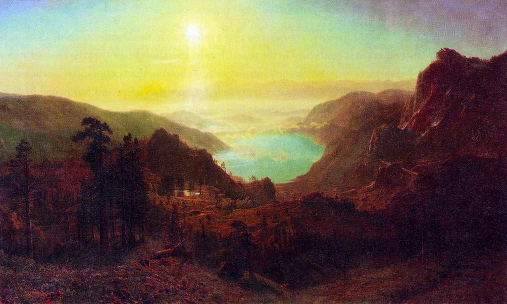 Donner Lake #2 by Albert Bierstadt: Artist: Albert Bierstadt - Title: Donner Lake #2 - Medium: Fine Art Giclee on Canvas - Image Size: Approximately 12 inches x 20 inches - Unframed on Unstretched Canvas - Biography: Bierstadt became in