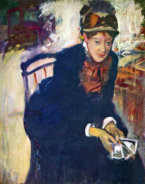 Edgar Degas - Portrait Of Miss Cassatt, Holding The: Artist: Degas - Title: Portrait Of Miss Cassatt, Holding The Cards - Medium: Fine Art Reproduction Giclee on Archival Canvas - Image Size: Approximately 20 inches x 15.75 inches - Framed: Unframed on 