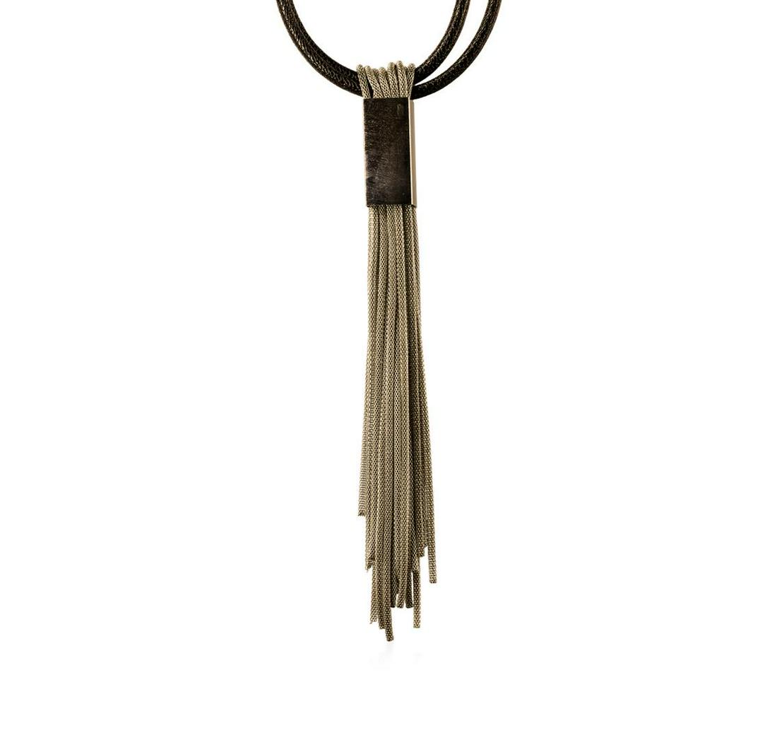 Leather/Mesh Tassel Necklace - Rhodium Plated: High end designer jewelry. Leather/Mesh Tassel Necklace - Rhodium Plated. Rhodium Plated Metal/3" Ext Clasp. Black/ Silver. 20/8inches.