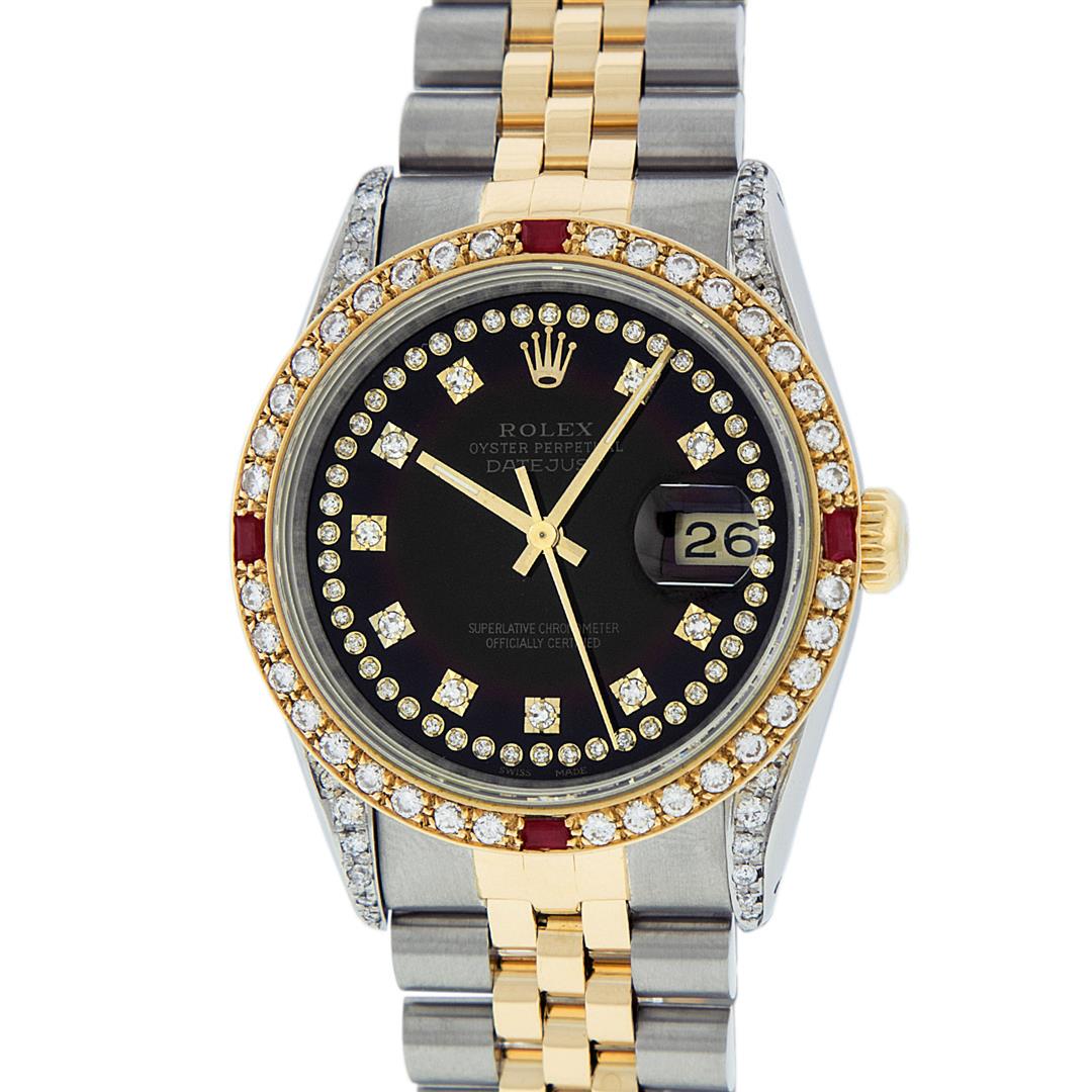 Rolex Mens 2 Tone Black String Diamond Lugs & Ruby: One Mens Yellow Gold & Stainless Steel Rolex Datejust Polished Bright with Satin Finish, Serviced & Electronically Tested, Stainless Steel Case: 36mm, Custom Diamond Lugs: 28 Diamonds On Lugs, Color: