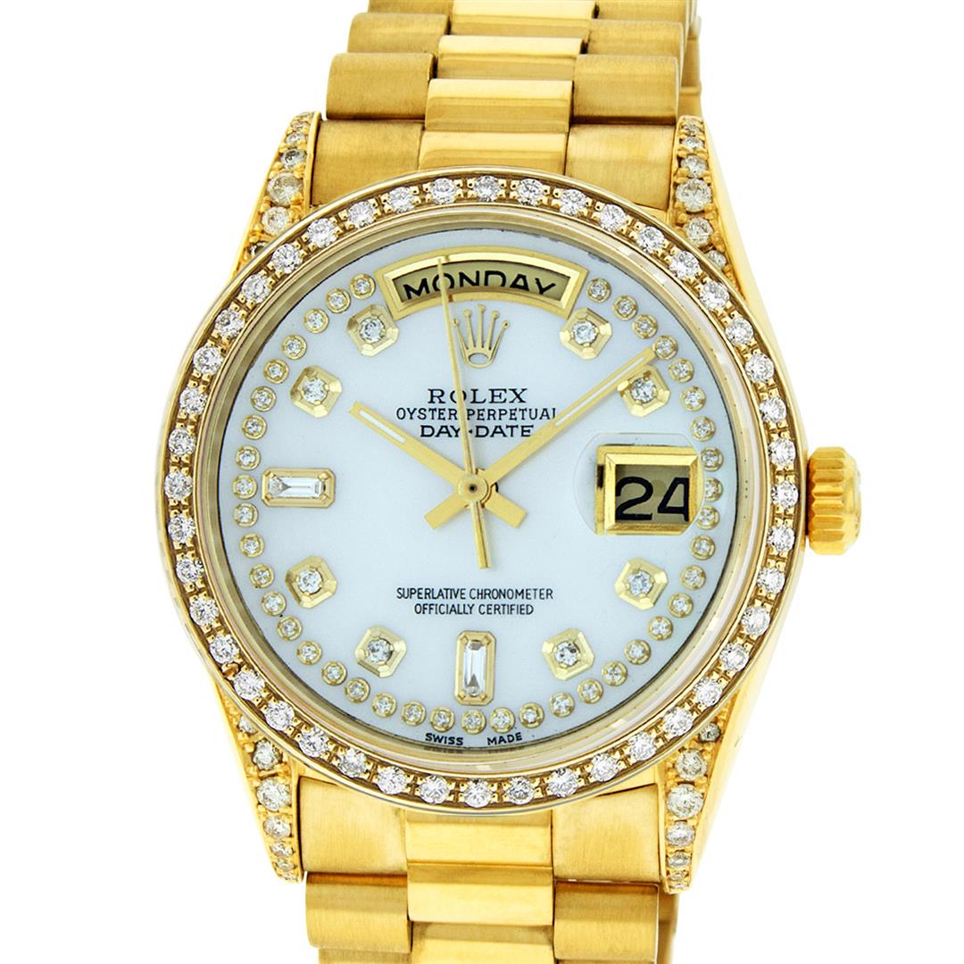 Rolex Mens 18K Yellow Gold MOP String Diamond President: One Mens Rolex Day Date 18K Yellow Gold President Polished, Serviced & Electronically Tested, 18K Yellow Gold Case: 36mm, 18K Yellow Gold Crown, Custom Bezel: 18K Yellow Gold Beadset Diamond Bezel, Di