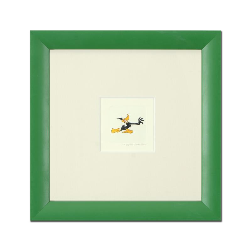 "Daffy Duck (Running)" Framed Limited Edition Etching: "Daffy Duck (Running)" is a limited edition etching on paper with hand-tinted coloring from Warner Bros, numbered and dated 1999. This piece comes framed. Measures approx. 9" x 9" (with frame), 1" x 2