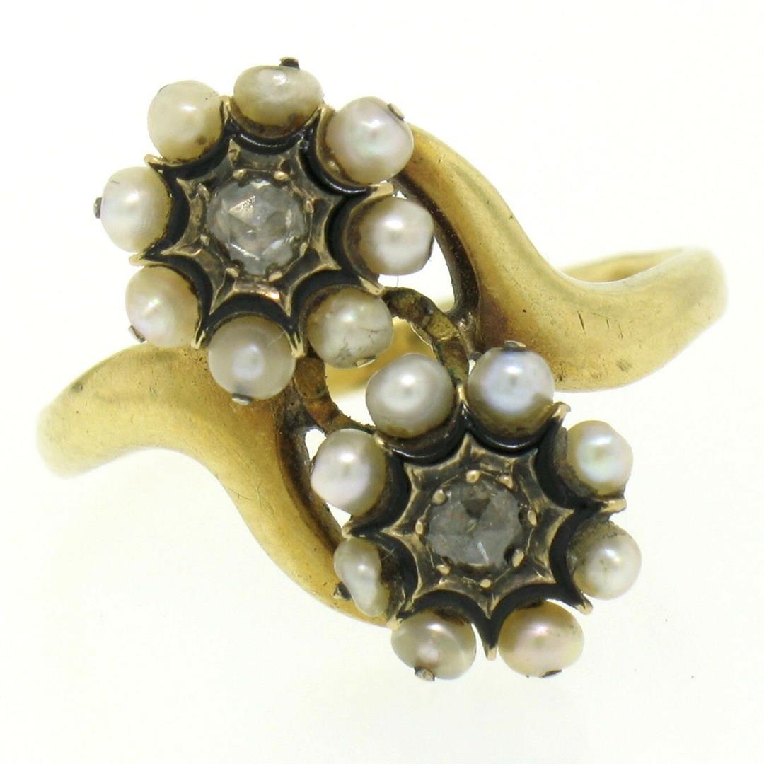 18k Gold Rose Diamonds Seed Pearl Enamel Bypass Ring: One 18k Gold French Victorian Antique 0.25ctw 2 Rose Diamonds Seed Pearl & Black Enamel Bypass Ring. Item Details: Material: 18K Solid Yellow Gold, Weight: 3.7 Grams, Stone(s): (2) Natural Genuine Dia