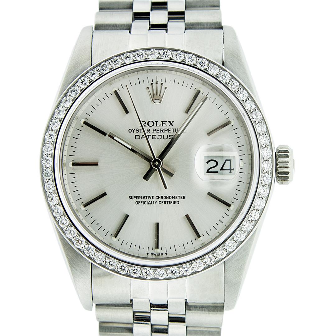 Rolex Mens Stainless Steel Silver Index 36MM Diamond: One Mens Rolex Stainless Steel Datejust Polished Bright with Satin Finish, This Watch Has Been Serviced & Electronically Tested, Stainless Steel Case: 36mm, Stainless Steel Crown, Custom Bezel: New St