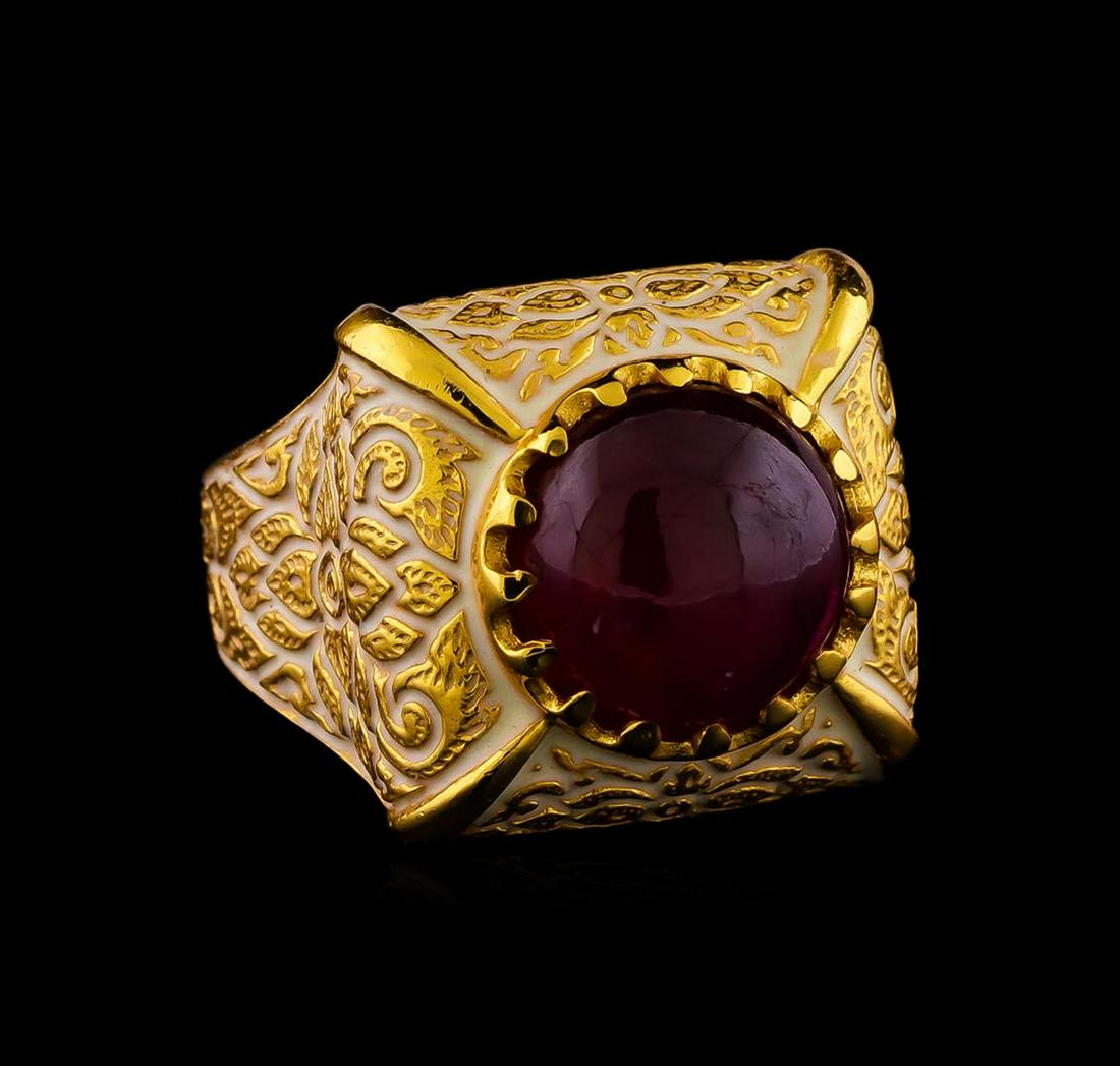 Sterling Silver Ring: One of a kind high fashion sterling silver Ring weighing 13.7 grams. Containing: Ruby, White Enamel Inlay, Red Enamel Inlay. This sterling silver promises a lasting shine.