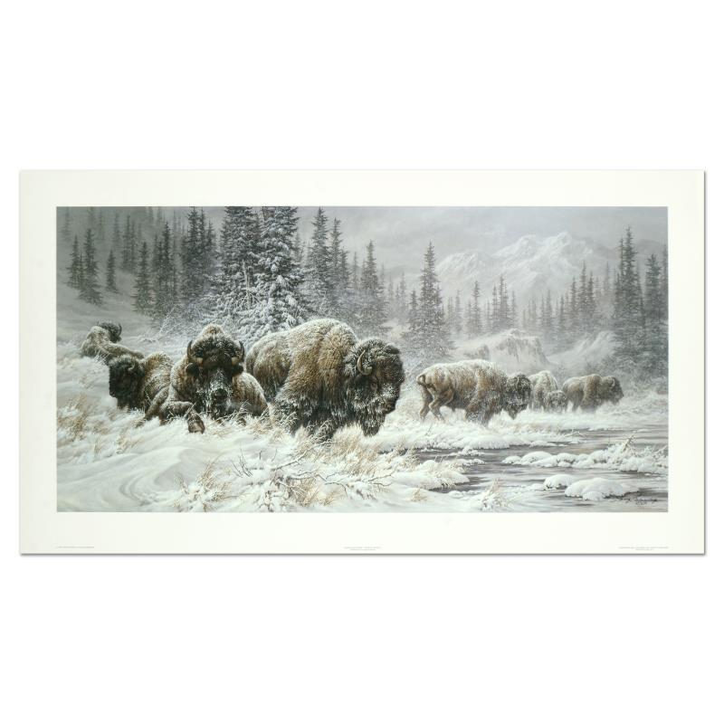 Larry Fanning, "Front Range Storm - Colorado Buffalo": "Front Range Storm - Colorado Buffalo" is a limited edition lithograph on paper by Larry Fanning (1938-2014), numbered and hand signed with a Letter of Authenticity. Measures approximately 36" x 20" (