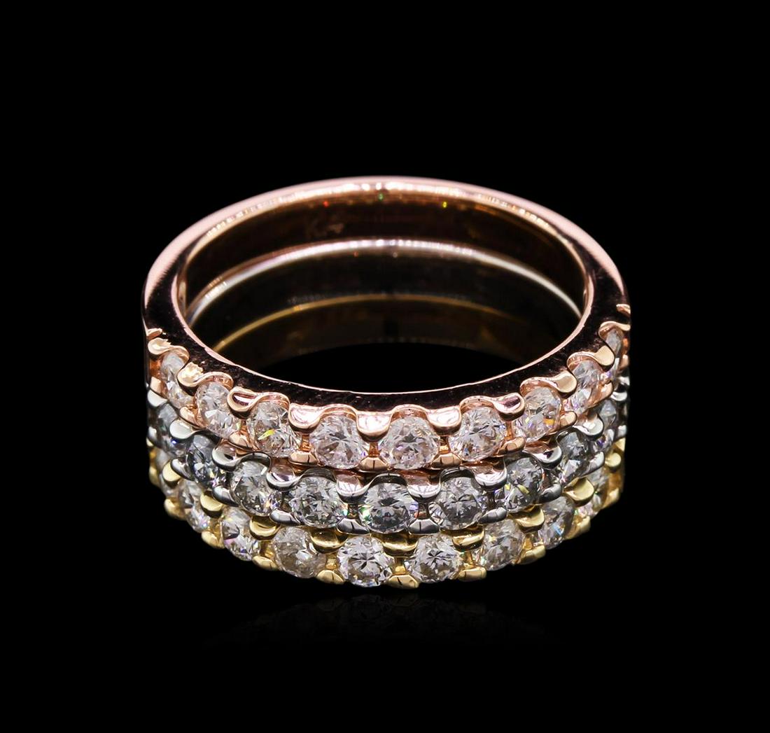 1.65 ctw Diamond Stackable Rings - 14KT Tri-Color Gold: One set electronically tested 14KT yellow, white, and rose gold lady's cast stackable rings with a bright polish finish. The featured lady's ring set has a triple shank measuring 8.15 millimeters wide
