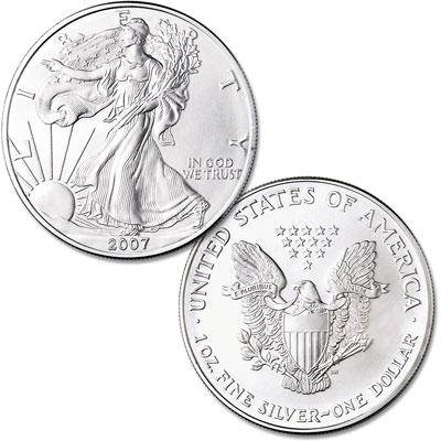 2007 American Silver Eagle .999 Fine Silver Dollar Coin: One 2007 American Silver Eagle .999 Fine Silver Dollar Coin.