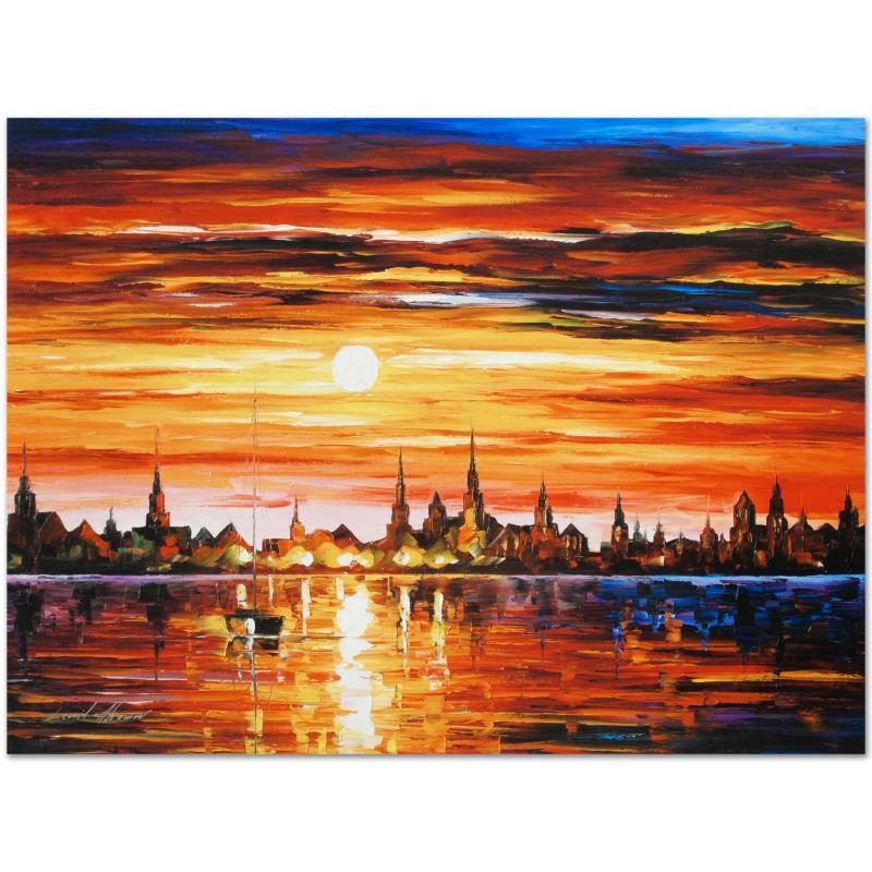 Leonid Afremov (1955-2019) "Sunset in Barcelona": Leonid Afremov's (1955-2019) masterful use of color and texture make his paintings unique collectibles that are sure to brighten any wall. "Sunset in Barcelona" is a limited edition giclee on canvas. 
