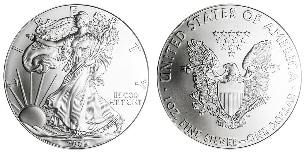 2009 American Silver Eagle .999 Fine Silver Dollar Coin: One 2009 American Silver Eagle .999 Fine Silver Dollar Coin.
