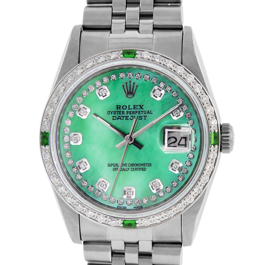 Rolex Mens Stainless Steel Green Mother Of Pearl: One Mens Stainless Steel Rolex Datejust Polished, Serviced & Electronically Tested, Stainless Steel Case: 36mm, Stainless Steel Crown, Custom Bezel: New 18K White Gold Synthetic Emerald Beadset Diamon