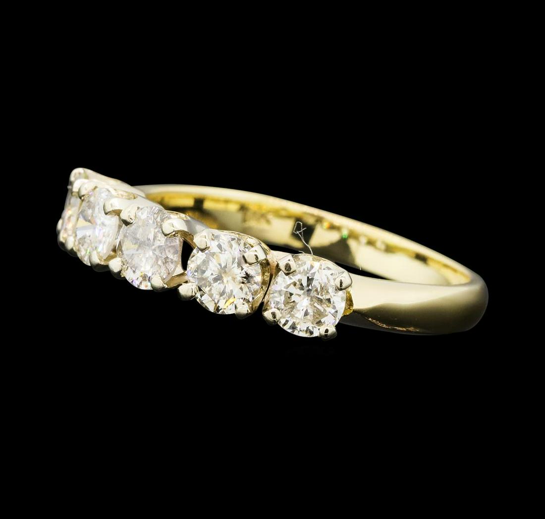 0.90 ctw Diamond Ring - 14KT Yellow Gold: One electronically tested 14KT yellow gold lady's cast 5-stone wedding ring with a straight line with a bright polish finish. The featured lady's ring has a shank measuring 2.10 millimeters wide. Iden