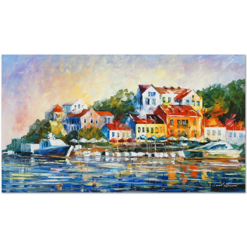 Leonid Afremov (1955-2019) "Mediterranean Noon" Limited: Leonid Afremov's (1955-2019) masterful use of color and texture make his paintings unique collectibles that are sure to brighten any wall. "Mediterranean Noon" is a limited edition giclee on canvas. T