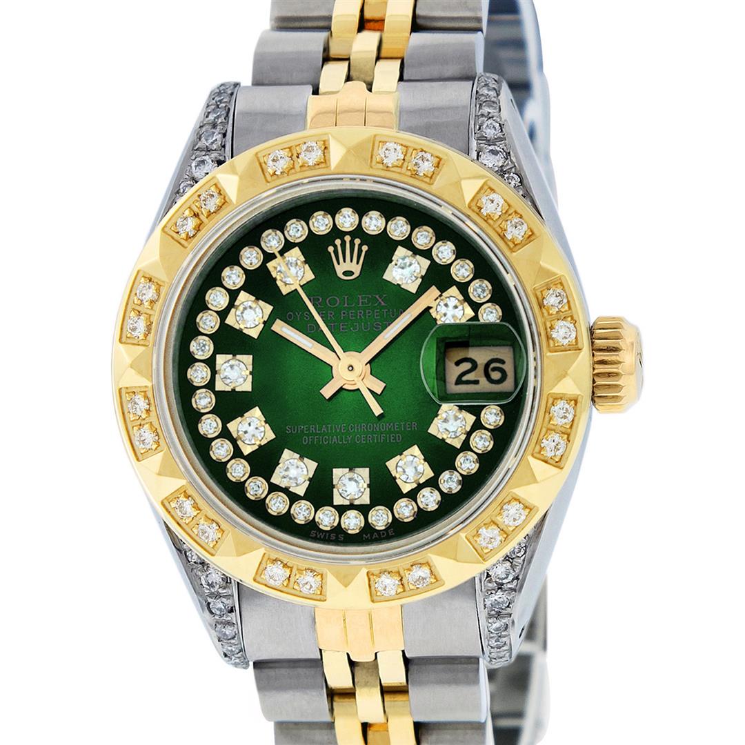 Rolex Ladies 2 Tone Green MOP Diamond & Emerald: One Ladies Two Tone Rolex Datejust Polished, Serviced & Electronically Tested, Yellow Gold & Stainless Steel Case: 26mm, Yellow Gold Crown, Custom Bezel: New 18K Yellow Gold Emerald Beadset Diamond Be