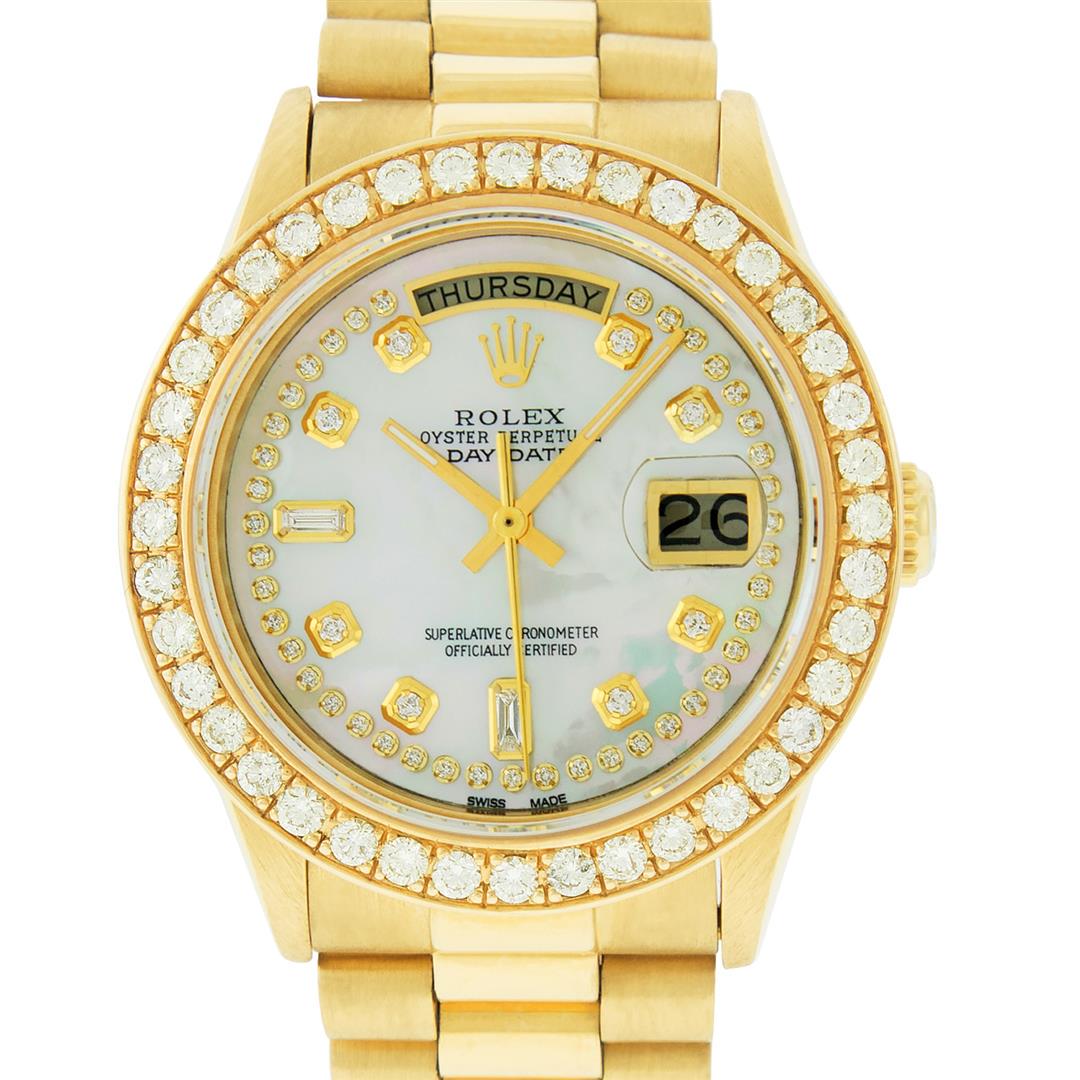 Rolex Mens 18K Yellow Gold MOP String Diamond 2.5 ctw: One Mens Rolex Day Date 18K Yellow Gold Presidential Polished, Serviced & Electronically Tested, 18K Yellow Gold Case: 36mm, 18K Yellow Gold Crown, Custom Bezel: 18K Yellow Gold 2.5ctw Beadset Diamond