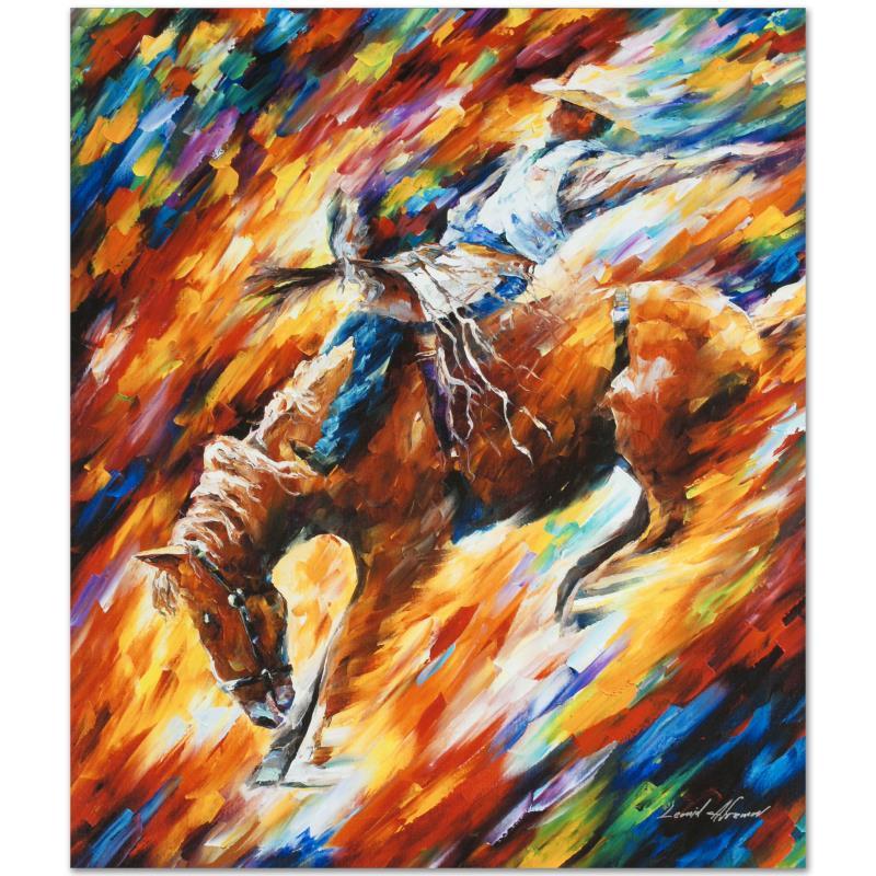 Leonid Afremov (1955-2019) "Rodeo, Dangerous Games": Leonid Afremov's (1955-2019) masterful use of color and texture make his paintings unique collectibles that are sure to brighten any wall. "Rodeo - Dangerous Games" is a limited edition giclee on canv