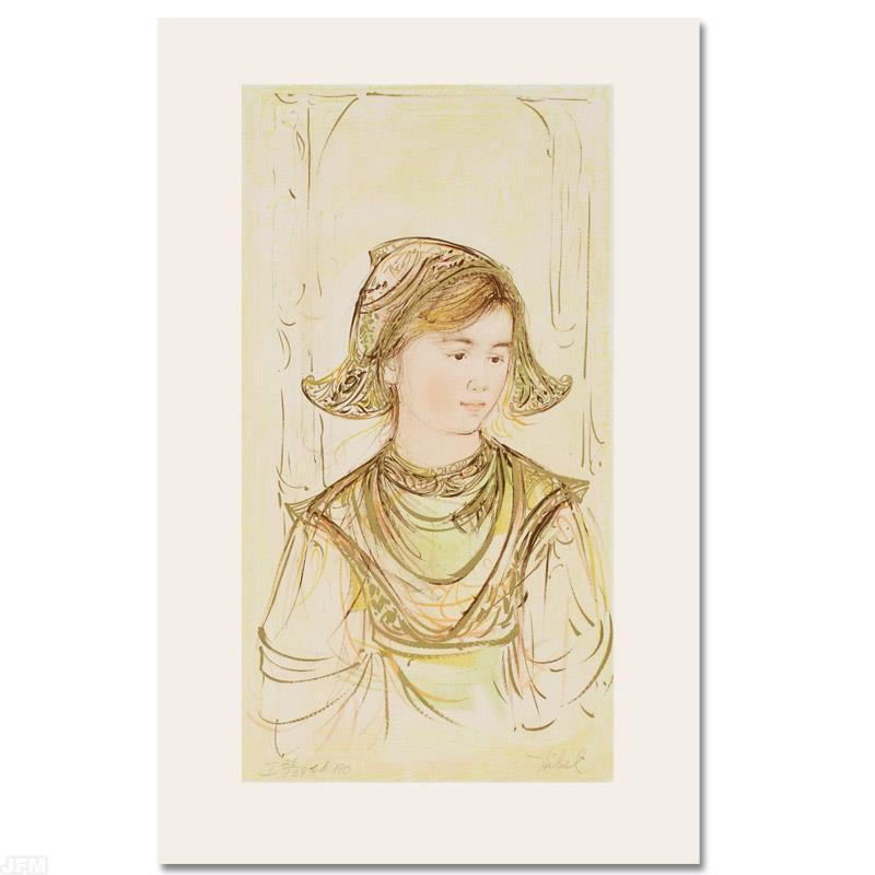 "Helen" Limited Edition Lithograph by Edna Hibel,: Wild lines and muted colors make Edna Hibel's art stand out in any room. "Helen" is a limited edition lithograph on paper, numbered and hand signed by Hibel. Includes Certificate of Authenticity! Meas