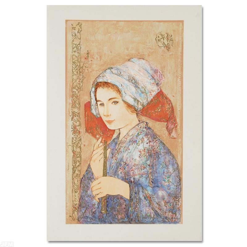 "The Recorder" Limited Edition Serigraph by Edna Hibel,: Wild lines and muted colors make Edna Hibel's art stand out in any room. "The Recorder" is a limited edition serigraph on paper, numbered and hand signed by Hibel. Includes Certificate of Authenticity
