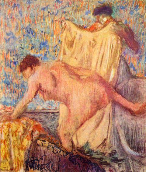 Edgar Degas - Withdrawing From The Bathtub: Artist: Degas - Title: Withdrawing From The Bathtub - Medium: Fine Art Reproduction Giclee on Archival Canvas - Image Size: Approximately 20 inches x 17 inches - Framed: Unframed on Unstretched Canvas
