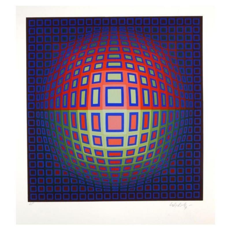 Victor Vasarely (1908-1997), "Blue Composition" Hand: "Blue Composition", is a limited edition Serigraph on Paper by Victor Vasarely (1908-1997). Numbered and hand signed, this piece is accompanied by a letter of authenticity. Measures approximately 18" 