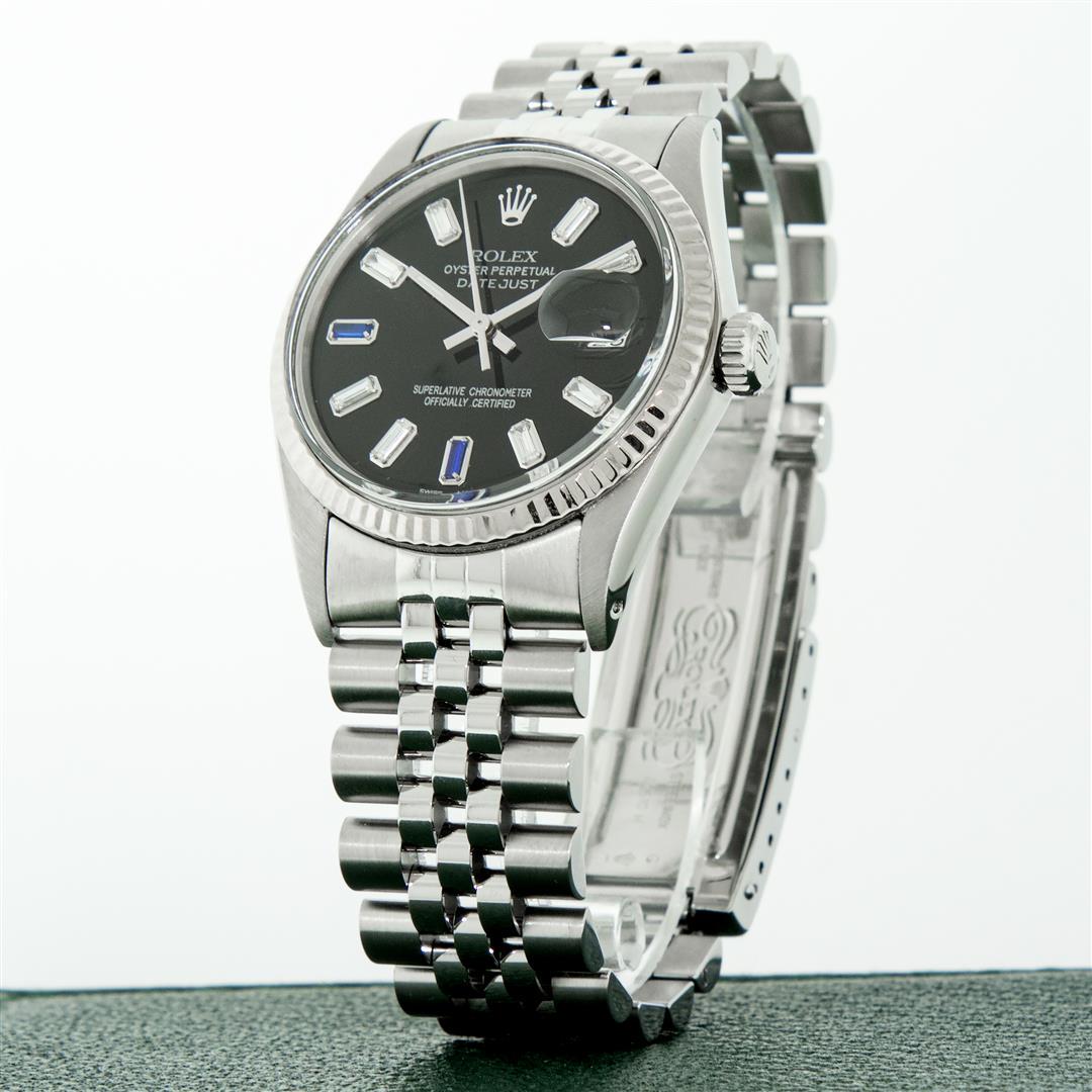 Rolex Mens Stainless Steel 36mm Black Diamond Dial: One Mens Stainless Steel Rolex Datejust Polished Bright with Satin Finish, Serviced & Electronically Tested, Stainless Steel Case: 36mm, Stainless Steel Crown, Bezel: 14K White Gold Fluted Bezel. Cust
