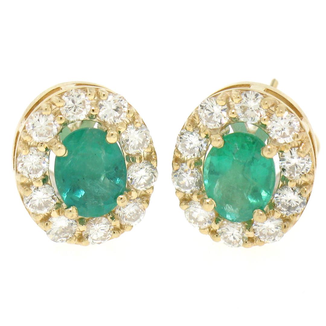 14k Yellow Gold 3.71 ctw Oval Emerald & Round Diamond: One Pair 14k Yellow Gold 3.71ctw Oval Emerald & Round Diamond Halo Cluster Omega Earrings. Item Details: Material: 14k Solid Yellow Gold, Weight: 5.5 Grams, Stone(s): (2) Natural Genuine Emerald - Ova