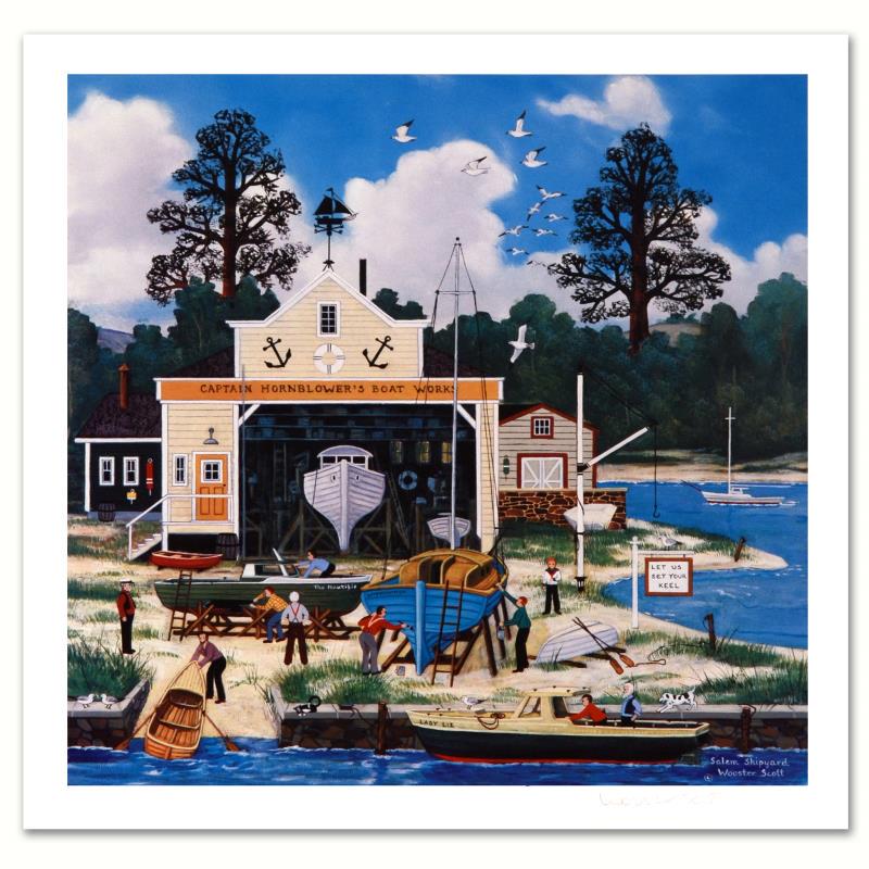 Jane Wooster Scott, "Salem Shipyard" Hand Signed: Cozy, down-home images of a bygone era when life was simpler - this is the feeling captured in the creations of one of the world's most recognized artists. "Salem Shipyard" is a limited edition lithog