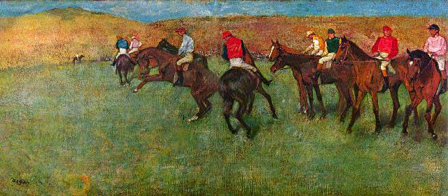 Edgar Degas - Horse Race Before The Start: Artist: Degas - Title: Horse Race Before The Start - Medium: Fine Art Reproduction Giclee on Archival Canvas - Image Size: Approximately 14 inches x 32 inches - Framed: Unframed on Unstretched Canvas 