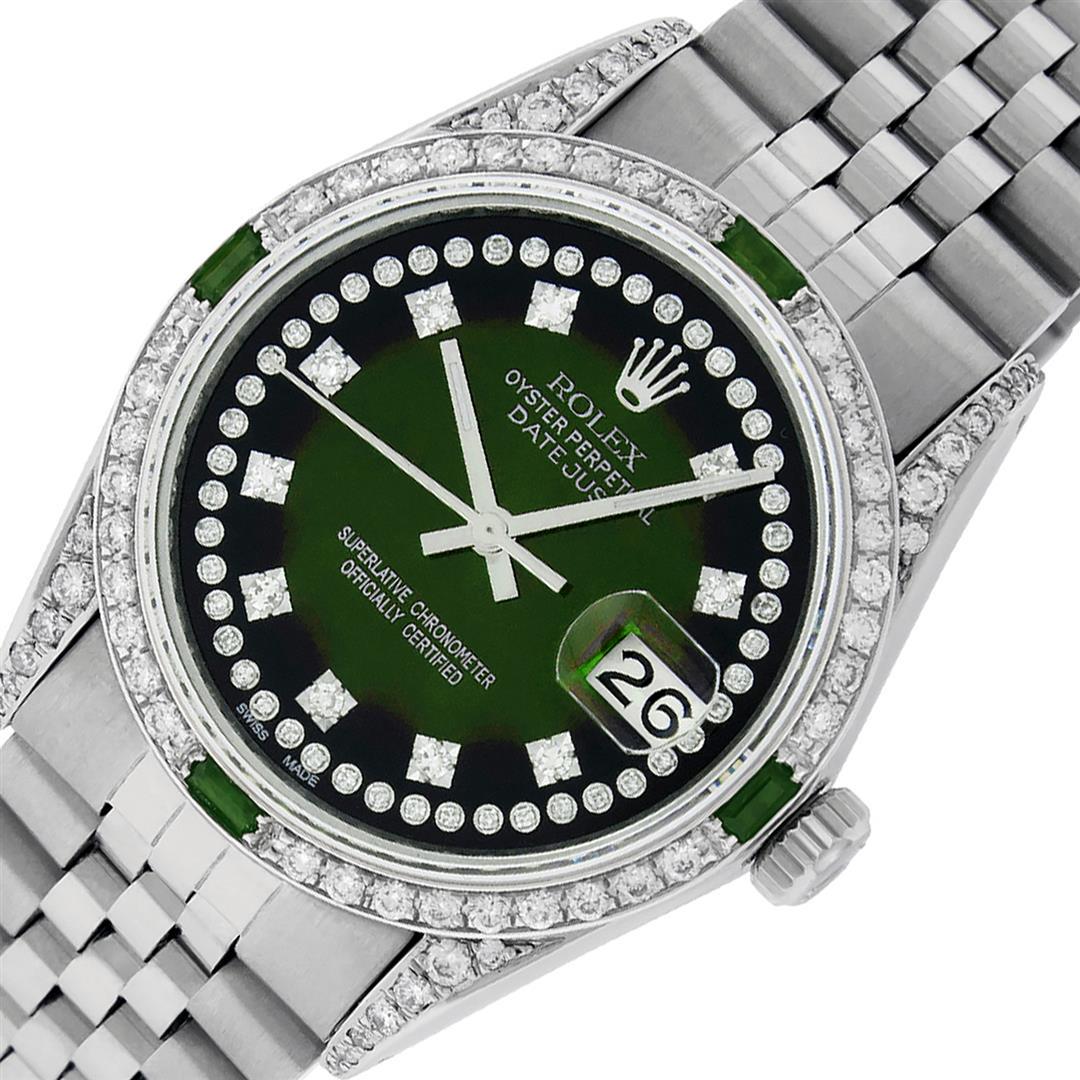 Rolex Mens Stainless Steel Diamond Lugs Green Vignette: One Mens Rolex Datejust Polished Bright with Satin Finish, Serviced & Electronically Tested, Stainless Steel Case: 36mm, Custom Diamond Lugs: 28 Diamonds In Lugs, Color: G to H, Clarity: SI-VS. Stainl