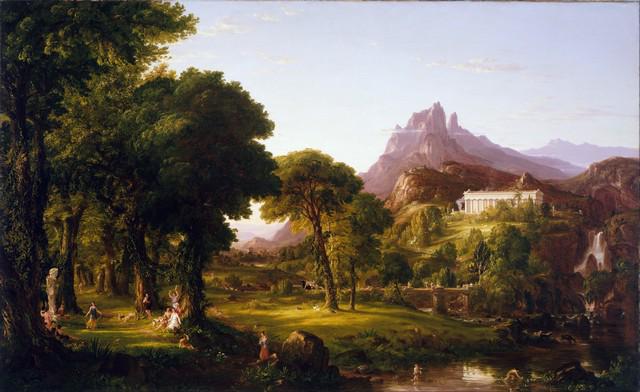 Thomas Cole - Dream of Arcadia: Artist: Thomas Cole - Title: Dream of Arcadia - Medium: Fine Art Giclee on Canvas - Image Size: Approximately 12.25 inches x 20 inches - Framed: Unframed on Unstretched Canvas - Biography: Thomas Cole