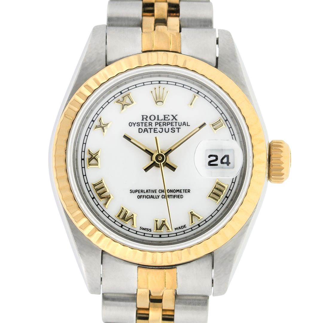 Rolex Ladies 2 Tone White Roman 26MM Datejust: One Ladies Two Tone Rolex Datejust Polished, Serviced & Electronically Tested, Yellow Gold & Stainless Steel, Case Size: 26mm, Yellow Gold Crown, Bezel: Yellow Gold Fluted Bezel. Custom Crystal: New A