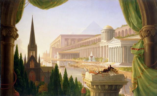 Thomas Cole - Architects Dream: Artist: Thomas Cole - Title: Architects Dream - Medium: Fine Art Giclee on Canvas - Image Size: Approximately 12.25 inches x 20 inches - Framed: Unframed on Unstretched Canvas - Biography: Thomas Cole