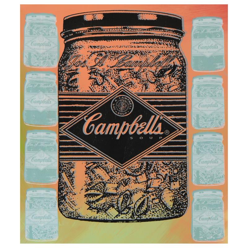 Campbell's Soup (Jar) by Steve Kaufman (1960-2010): "Campbell's Soup" is a hand painted limited edition silkscreen on canvas by Andy Warhol protege Steve Kaufman (1960-2010). This piece is TP numbered 3/50 and hand signed inverso. Includes letter of au