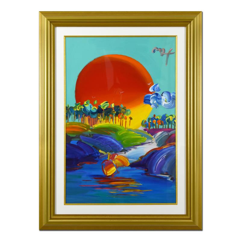 Without Borders by Peter Max: "Without Borders" is a one-of-a-kind acrylic mixed media on paper, hand signed by Peter Max. This piece comes custom framed. Includes Certificate of Authenticity from Peter Max Studios. Measures appro