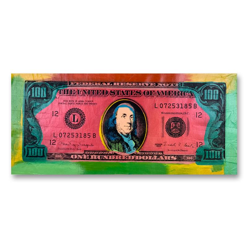 100 Dollar Old Ben Bill by Steve Kaufman (1960-2010): "One Hundred Dollar Old Ben Bill" is an HC edition hand pulled silkscreen mixed media on canvas by Andy Warhol protege Steve Kaufman (1960-2010). This piece is marked HC and hand signed inverso. Inclu