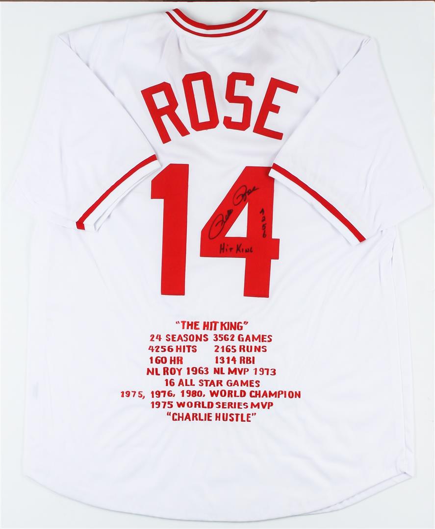 Cincinnati Reds Pete Rose Autographed Jersey With Stats: Cincinnati Reds Pete Rose Autographed Jersey With Stats. Pete Rose had 4256 hits in his 24 year career with the Reds, Phillies, and the Expos. Pete won 3 World Series Titles. He won in 1975 and 1976 w