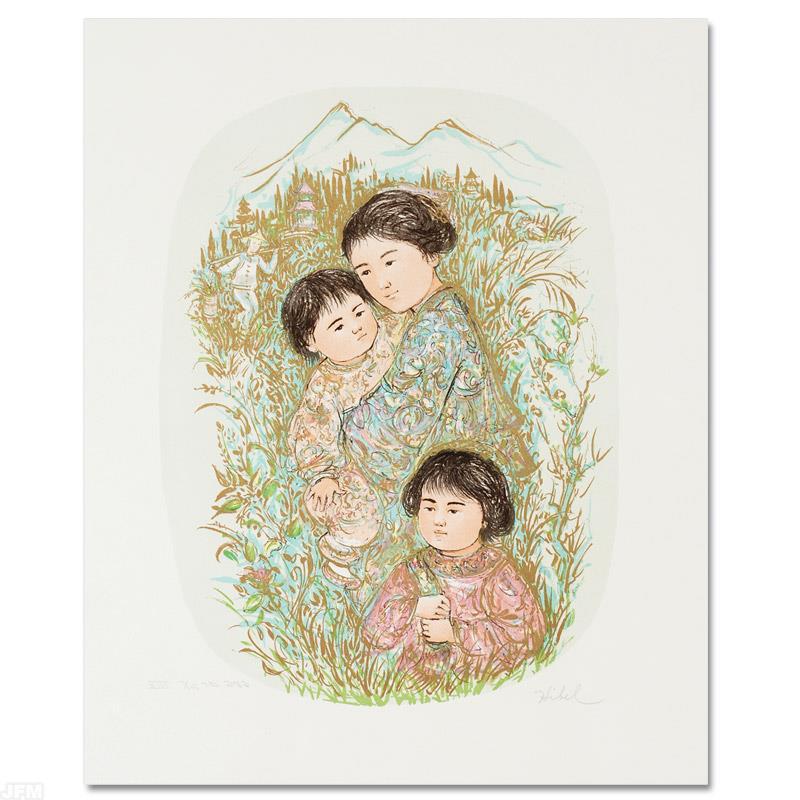 "Leaving the Garden" Limited Edition Lithograph by Edna: Wild lines and muted colors make Edna Hibel's art stand out in any room. "Leaving the Garden" is a limited edition lithograph on paper, numbered and hand signed by Hibel. Includes Certificate of Authe
