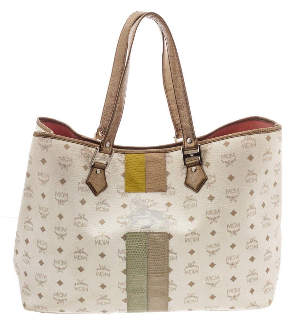 MCM White Visetos Coated Canvas Lion Shopper Tote: MCM White Visetos Coated Canvas Lion Shopper Tote with silver-tone hardware, dual flat shoulder straps, gold leather trim, snakeskin embossed leather multicolor stripes and lion design at front, Pink 
