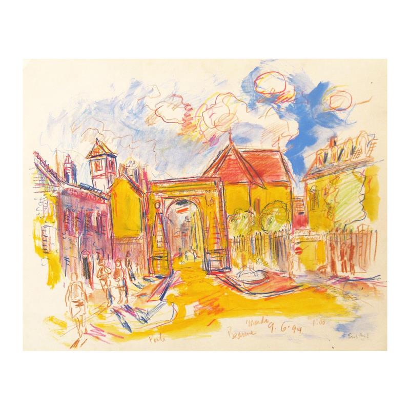 Beaune, Burgundy by Ensrud Original: "Beaune, Burgundy" is an original Mixed Media on Paper by Wayne Ensrud. The piece is hand signed by the artist and comes with a Certificate of Authenticity. Measures approximately 15" x 18".