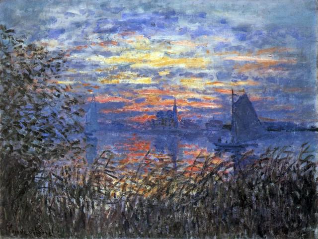 Claude Monet - Sunset on the Seine: Artist: Claude Monet - Title: Sunset on the Seine - Medium: Fine Art Reproduction Giclee on Canvas - Image Size: Approximately 24 inches x 32 inches - Unframed on Unstretched Canvas - Biography: Claud