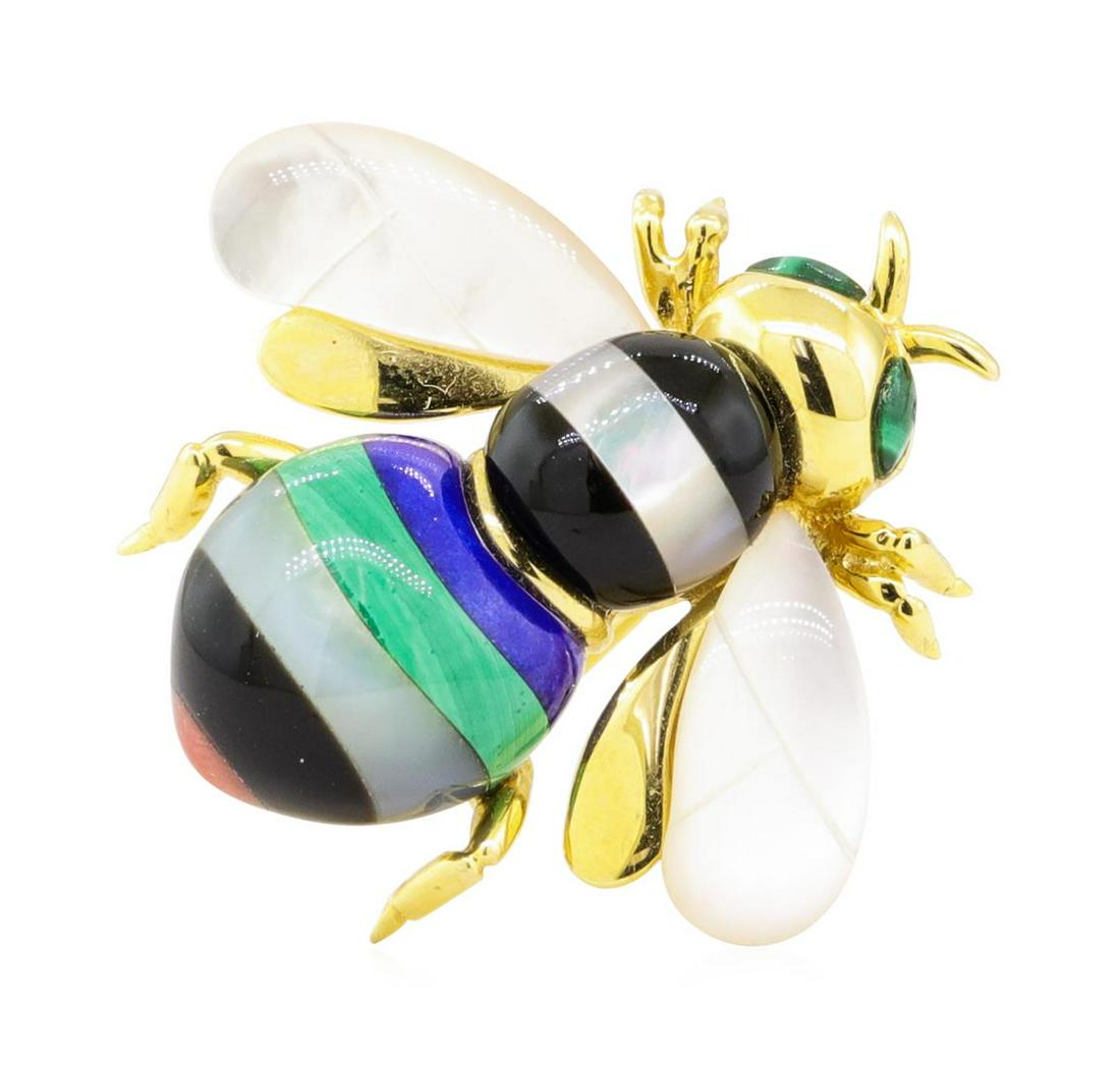 Multi-Colored Gemstone Bee Pin - 14KT Yellow Gold: One electronically tested 14KT yellow gold lady's combination cast & assembled fashion bee pin with a bright polish finish. The featured bee pin contains pieces of inlaid green malachite, lapis, onyx,