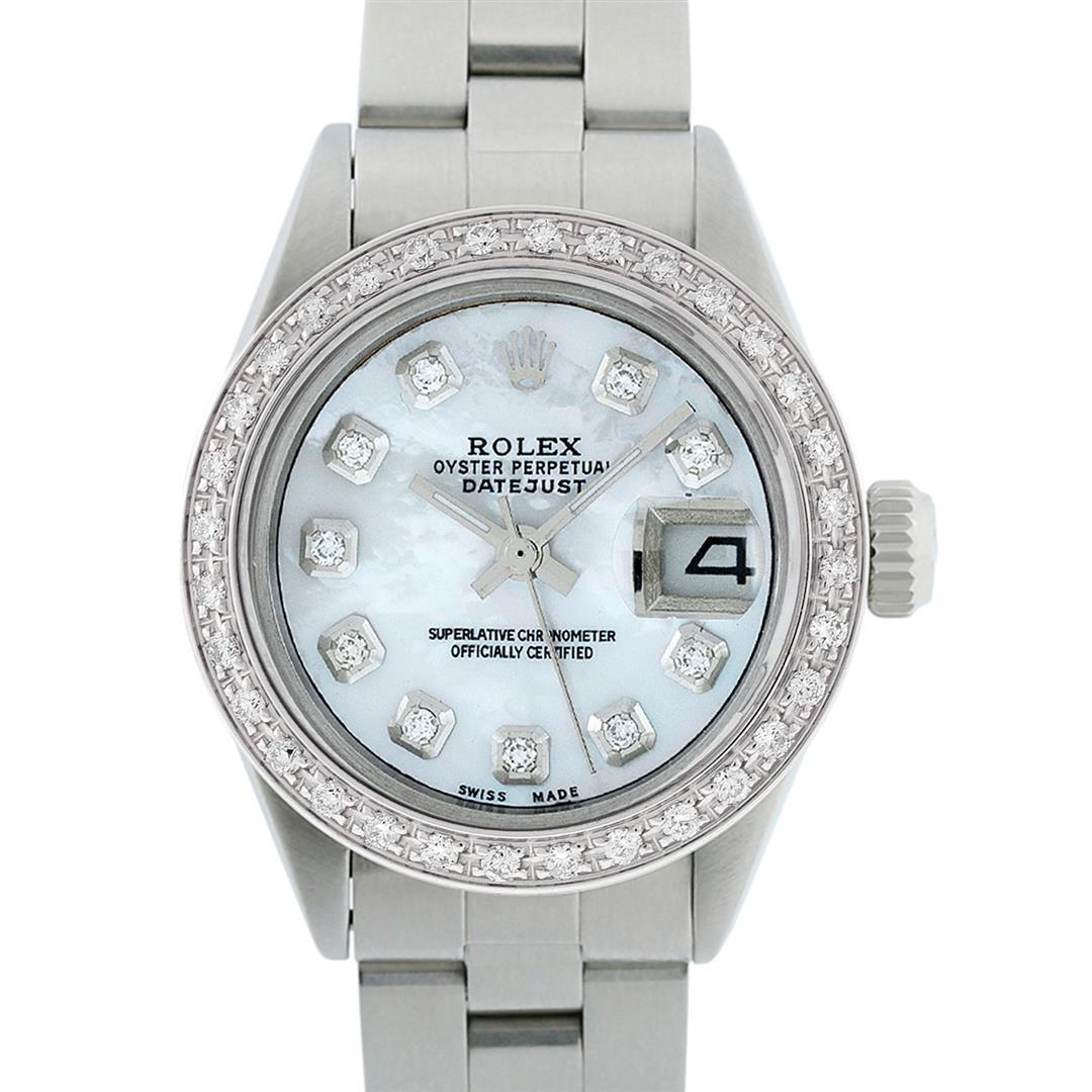 Rolex Ladies Stainless Steel MOP Diamond 18K Gold Bezel: One Ladies Stainless Steel Rolex Datejust Polished Bright with Satin Finish, Serviced & Electronically Tested, Stainless Steel Case: 26mm, Stainless Steel Crown, Custom Bezel: New 18K White Gold Beads