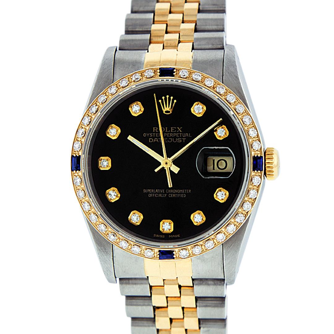 Rolex Mens 2 Tone Black Diamond 36MM Datejust Oyster: One Mens Yellow Gold Two Tone Rolex Datejust Polished, Serviced & Electronically Tested, Yellow Gold & Stainless Steel Case: 36mm, Yellow Gold Crown, Custom Bezel: New 18K Yellow Gold Beadset + Sapphi