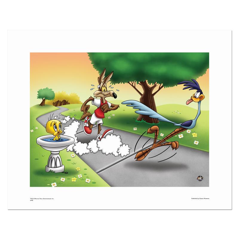 "Wile E and Road Runner Race" Numbered Limited Edition: "Wile E and Road Runner Race" is a limited edition giclee on paper from Warner Bros. featuring the Looney Tunes characters Wile E Coyote and Road Runner. It comes numbered, with hologram seal, and a C