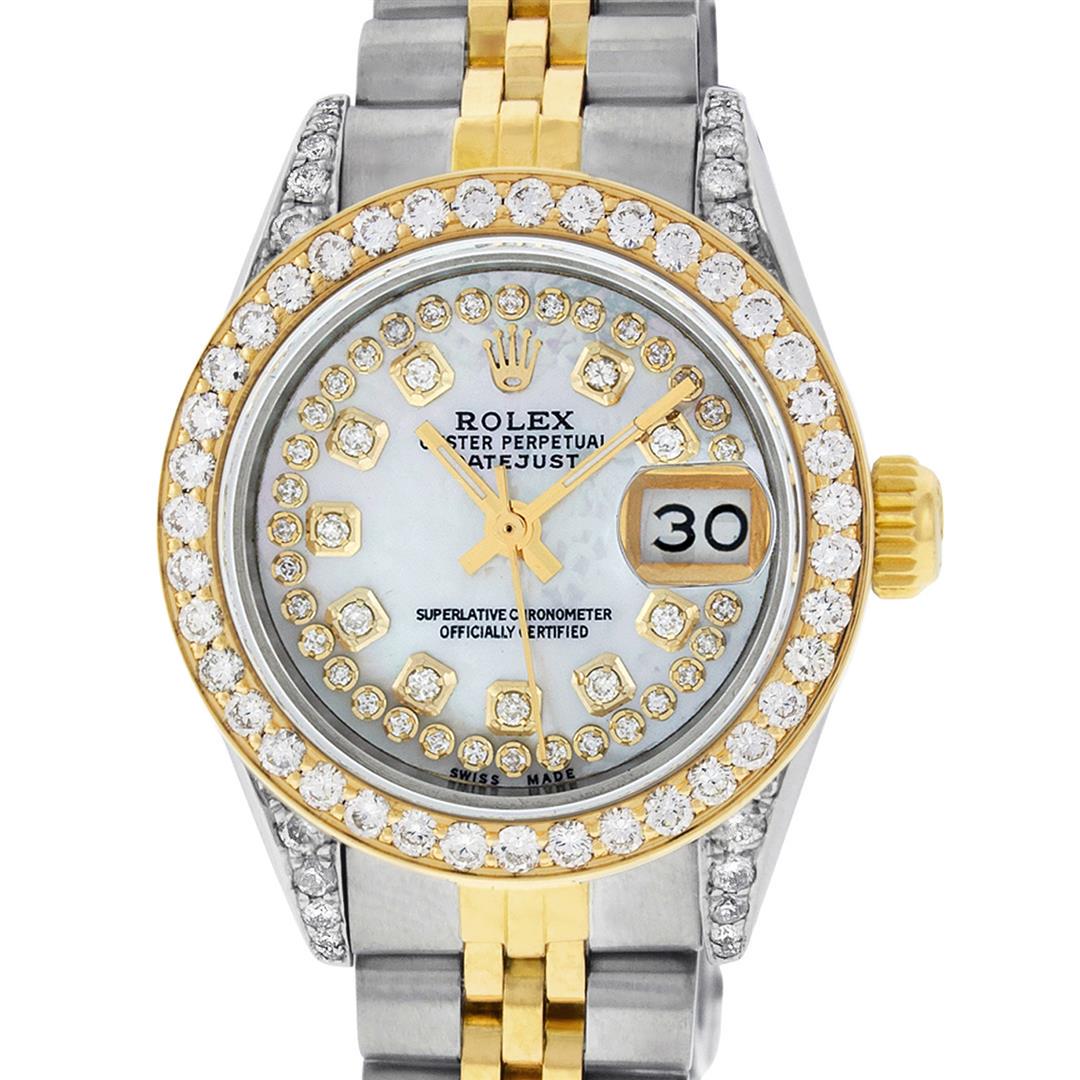 Rolex Ladies 2 Tone MOP String Diamond Lugs Datejust: One Ladies Two Tone Rolex Datejust Polished, Serviced & Electronically Tested, Yellow Gold & Stainless Steel Case: 26mm, Yellow Gold Crown, Diamond Lugs: 24 Diamonds On Lugs, Clarity: SI-VS, Color: G