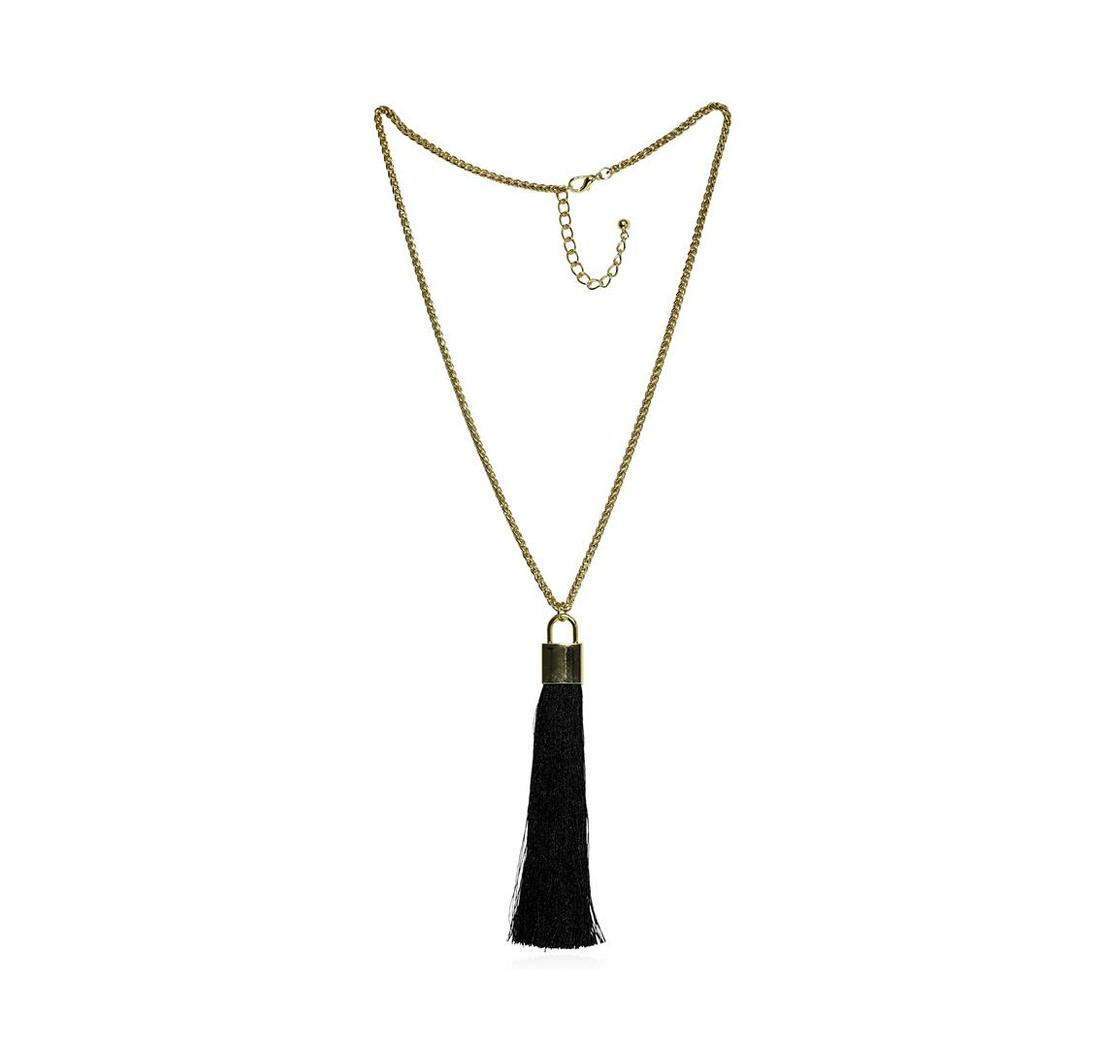 Silk Tassel Square Pendant Necklace - Gold Plated: High end designer jewelry. Silk Tassel Square Pendant Necklace - Gold Plated. Gold Plated Metal/3" Ext Clasp. Black/ Gold. 28/6inches. Total Weight: 58.1 grams.