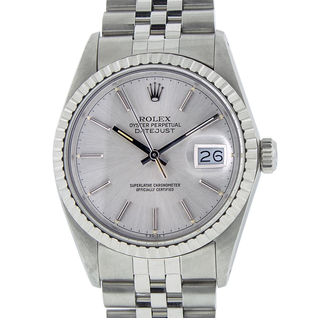 Rolex Mens Stainless Steel 36MM Silver Index 36MM: One Mens Stainless Steel Rolex Datejust Polished, Serviced & Electronically Tested, Stainless Steel Case: 36mm, Stainless Steel Crown, Bezel: 14K White Gold Fluted Bezel. Custom Crystal: New Acrylic C